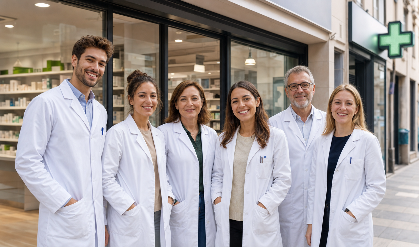 Équipe de la pharmacie devant l'officine