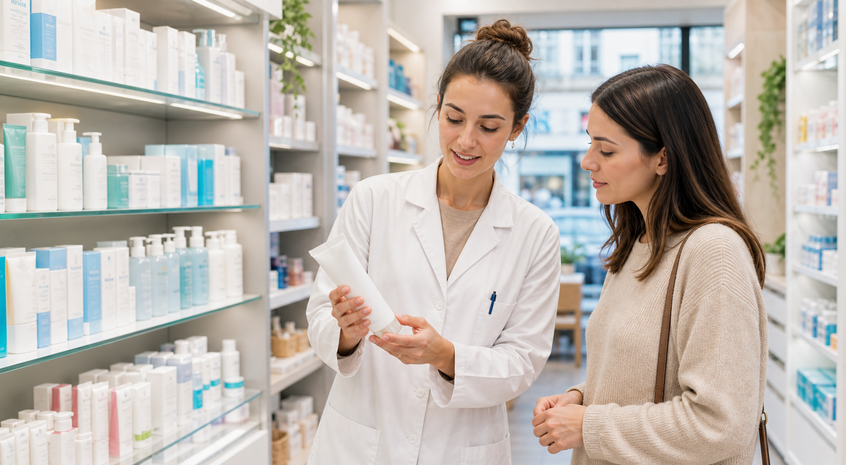 Préparatrice en pharmacie conseillant une cliente en parapharmacie