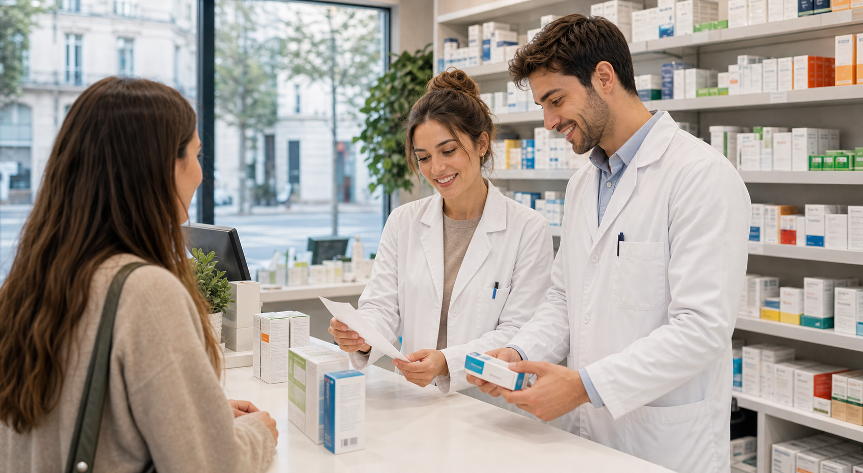 Pharmaciens conseillant une cliente au comptoir