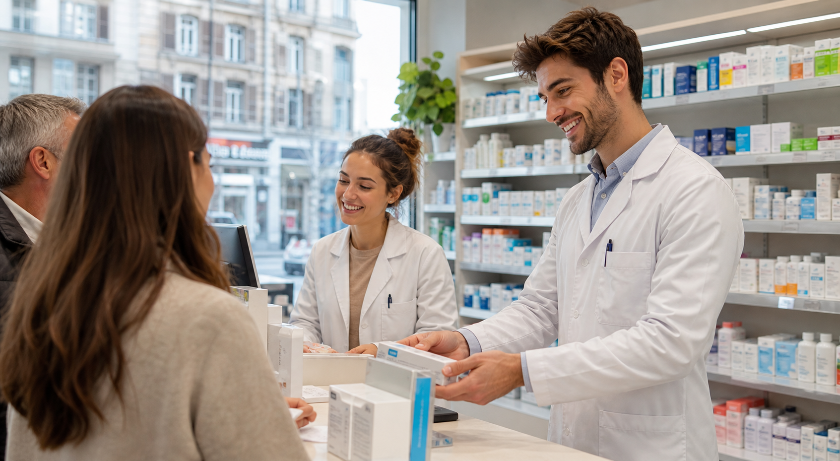 Deux pharmaciens au comptoir servant des clients